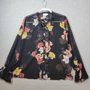 Susan Graver Sz 4 Sheer Black Floral Blouse Ruffles Tie Neck Button up Loose Fit